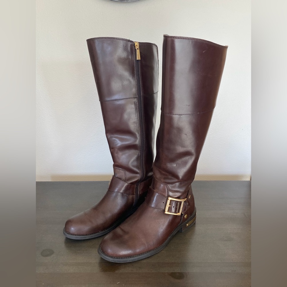 Vince Camuto Riding Boots Wide Shaft Tall Leather Harness Woodbury Sz 7.5